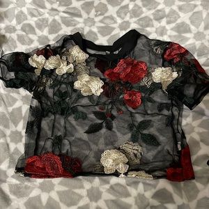 SHEIN: mesh rose printed crop top: Small